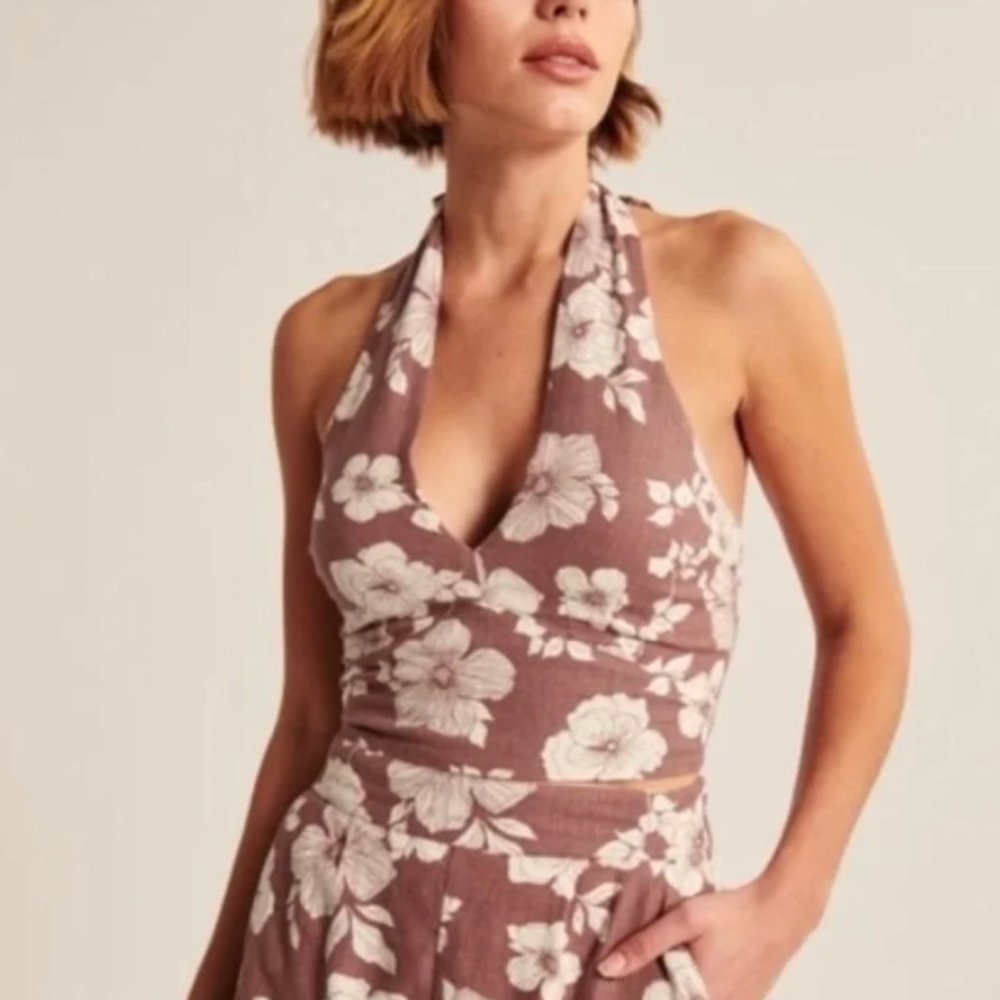 Abercrombie & Fitch Floral Halter Top in Brown with White Hibiscus Flowers